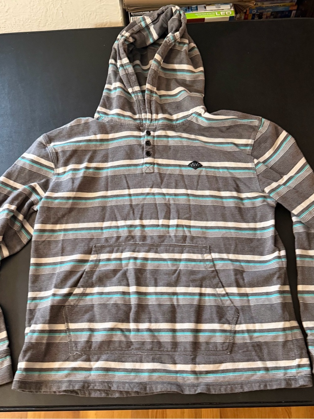 Rip Curl Gray Hooded Pullover with Teal and Cream Stripes